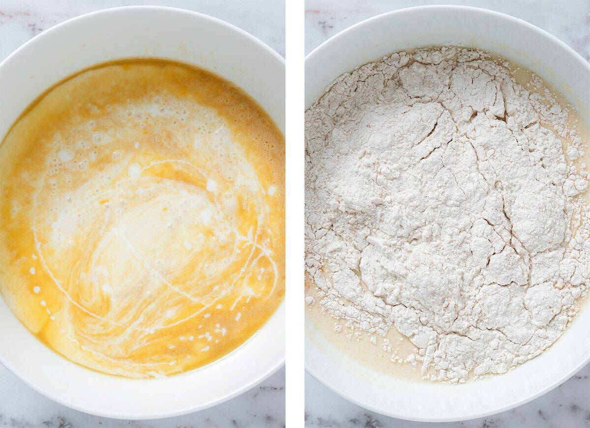 Buttermilk and flour being added into other wet ingredients in a white bowl.