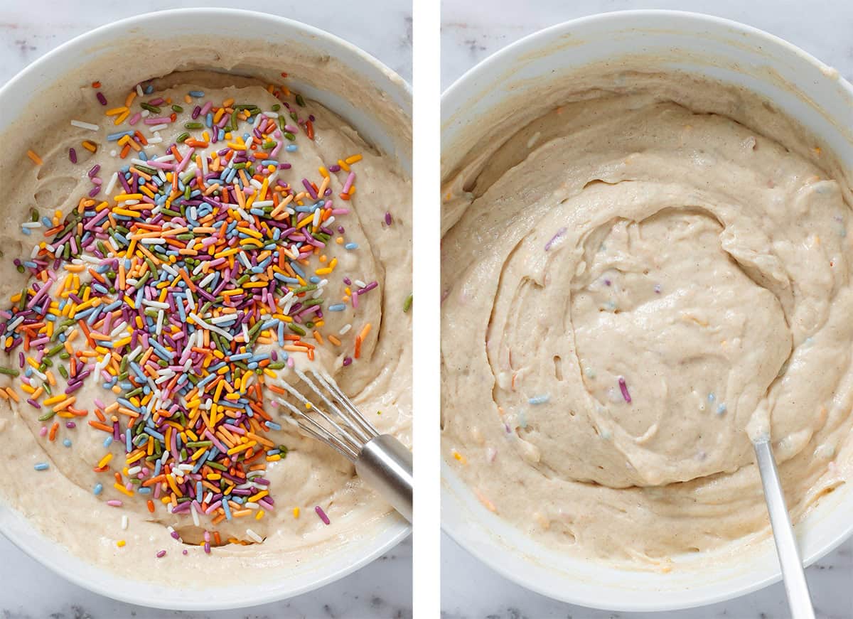Colorful sprinkles added to pancake batter.