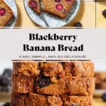 A slice of blackberry banana bread showing multiple blackberries inside on a blue floral plate.