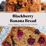 A slice of blackberry banana bread showing multiple blackberries inside on a blue floral plate.