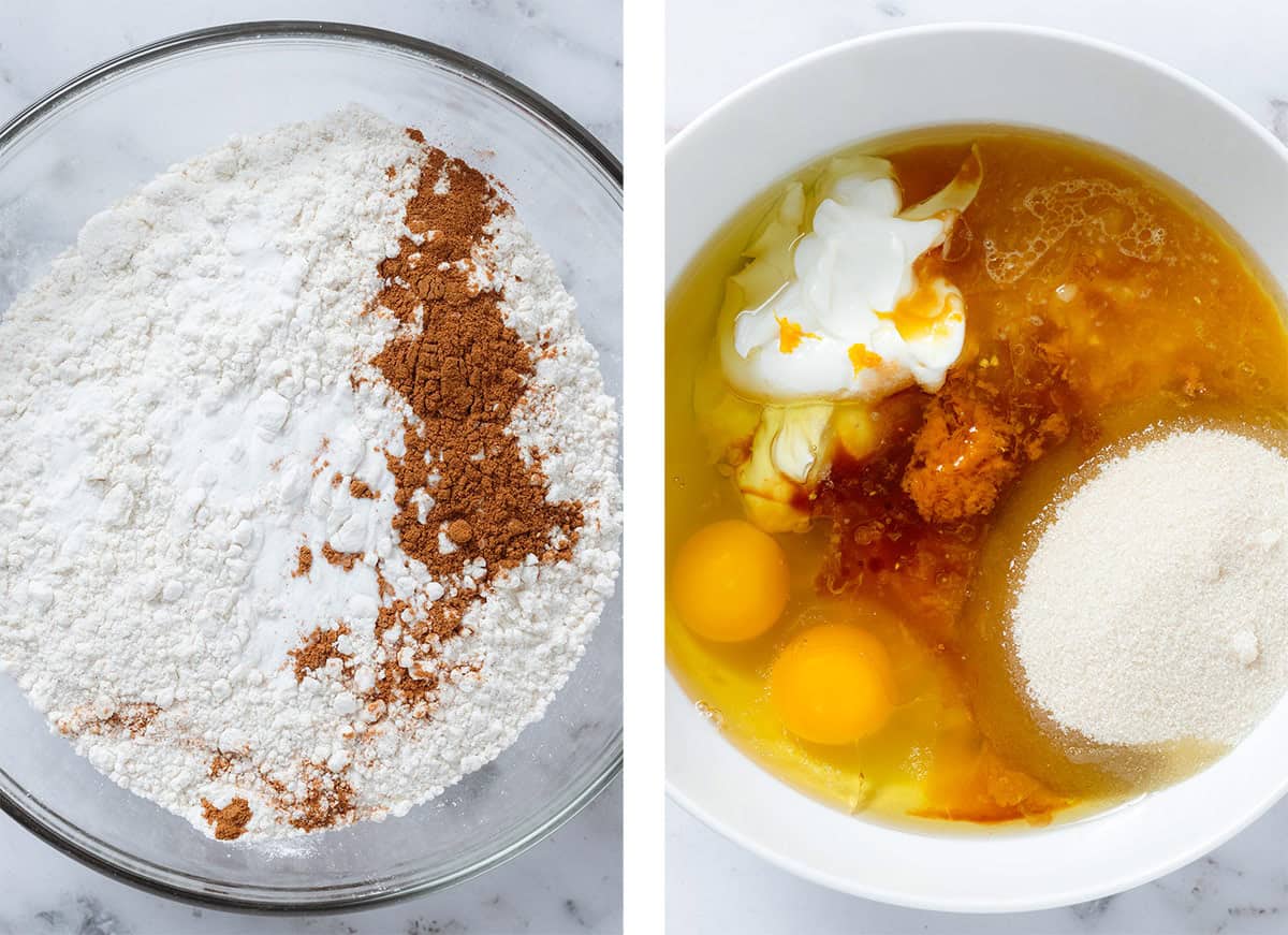 Dry ingredients in a large glass bowl on the left and wet ingredients like eggs, yogurt, and oil in a large white bowl on the right.