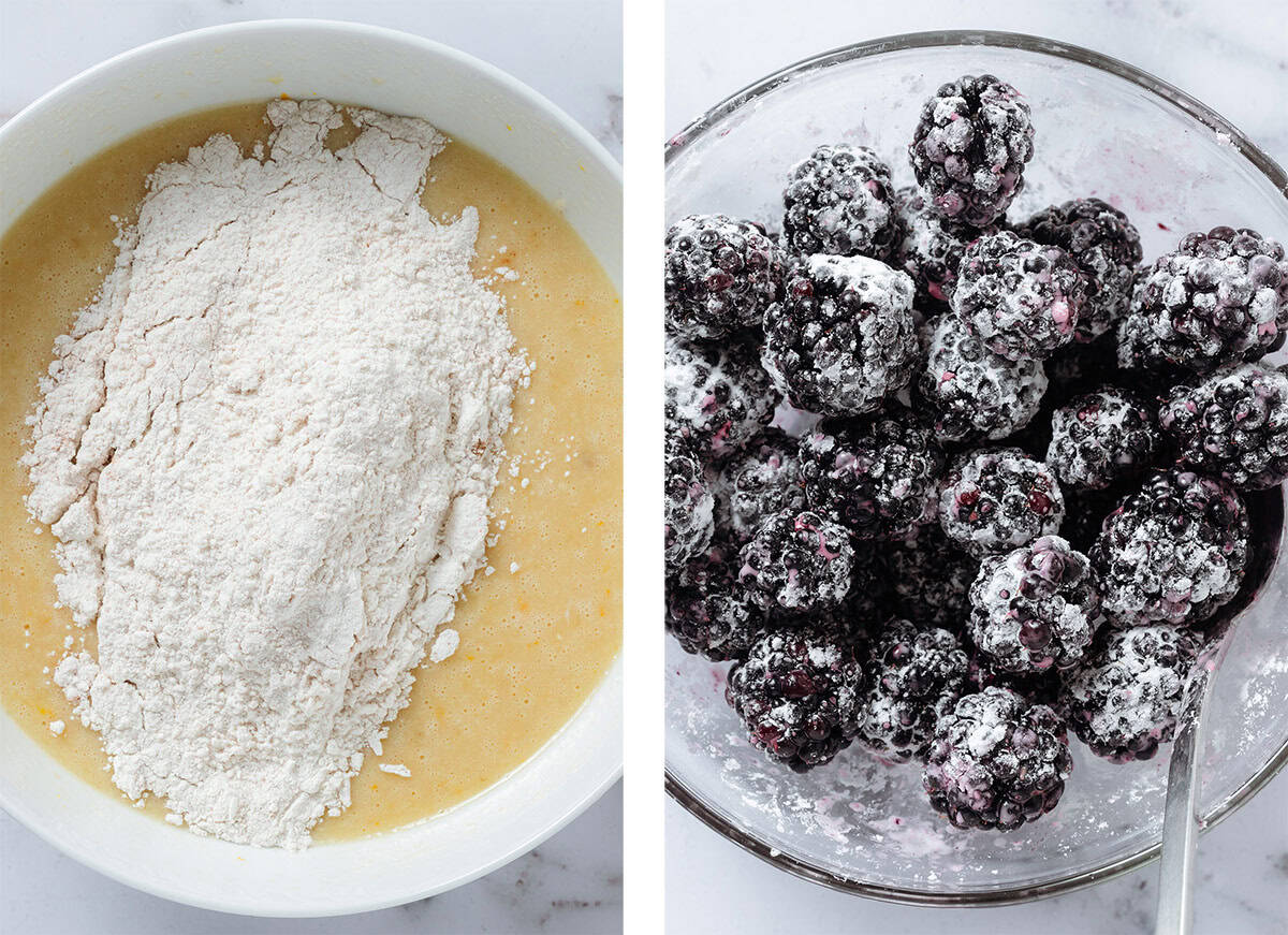 Dry ingredients added to a large white bowl with wet ingredients on the left and blackberries being tossed with tapioca starch of the right.