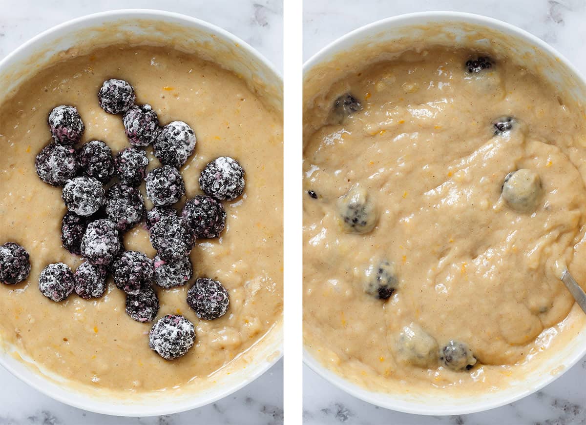 Banana bread batter with blackberries tossed with tapioca flour getting folded in.