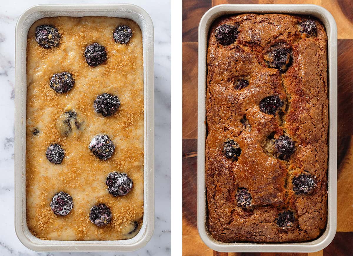 Blackberry banana bread in a loaf baking dish before and after baking.