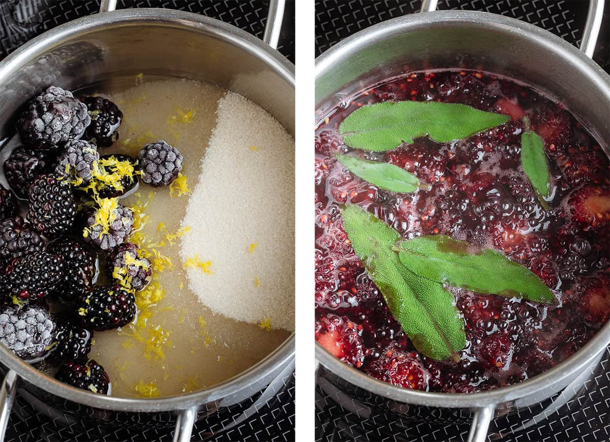 Blackberries, lemon zest, cane sugar, and water simmering on the stove with added sage at the end.