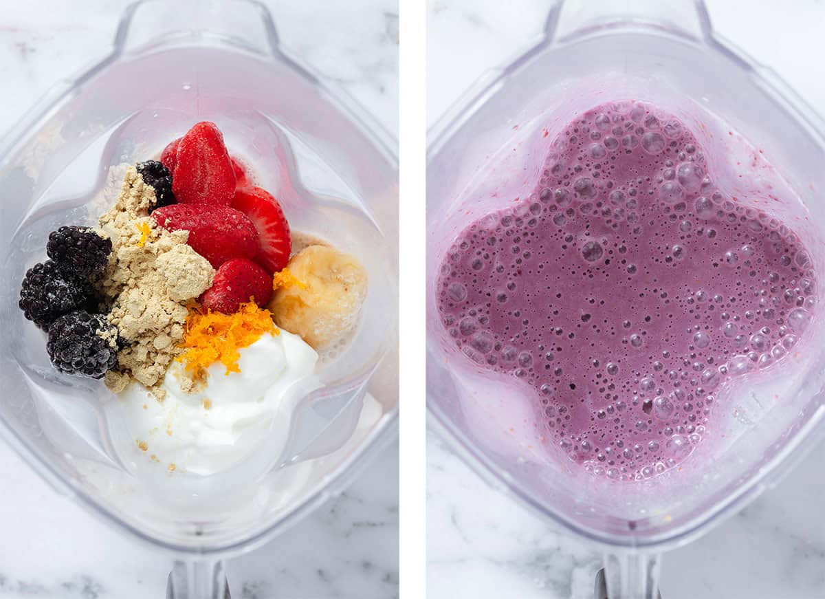 A high-speed blender with frozen strawberries, blackberries, banana, yogurt, and protein powder before and after blending.