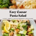 Caesar pasta salad with sourdough croutons in a low bowl garnished with two lemon wedges.