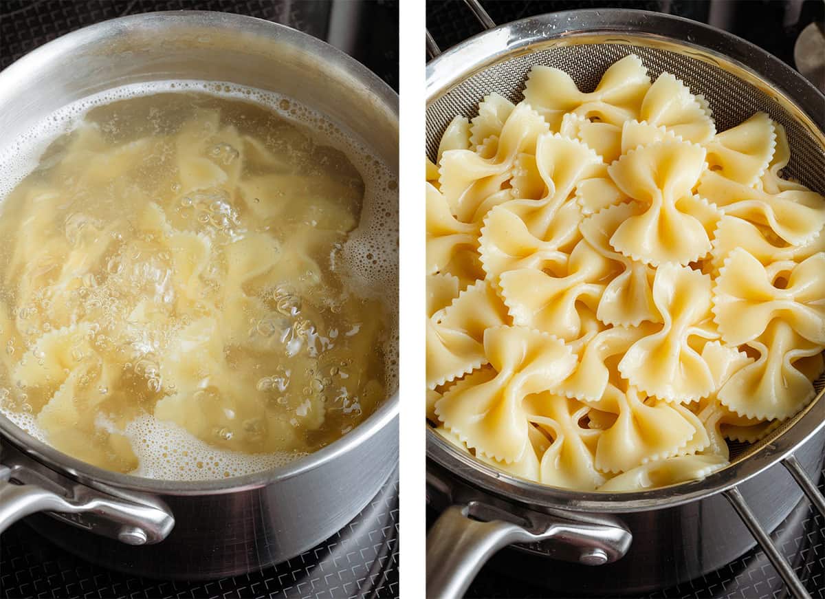 Bow-tie pasta cooking on the stove on the left and after straining in a fine mesh strainer.