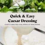 Creamy caesar dressing in a glass bowl on the bottom and it being poured over romaine lettuce on top.