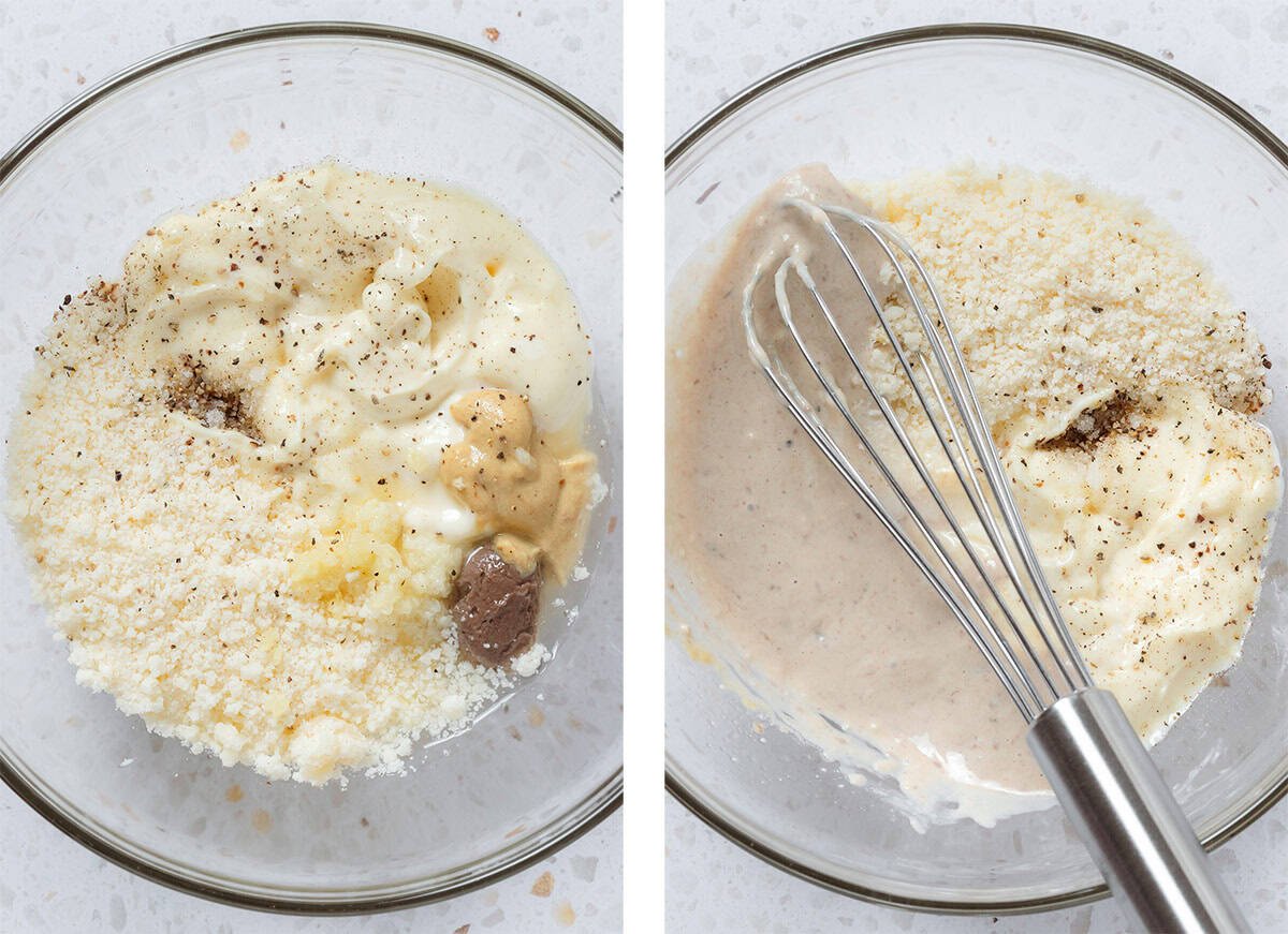 A glass bowl with mayonnaise, grated parmesan, dijon, anchovy paste, and other ingredients before and after whisking half of the ingredients on one side.