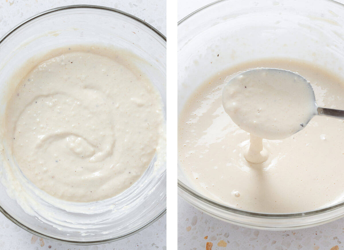 Creamy Caesar salad in a glass bowl before and after whisking in water to make it smoother and thinner.
