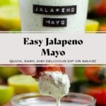 Jalapeno mayo in a jar with an embossed label and a cauliflower wing being dipped into it on the bottom.