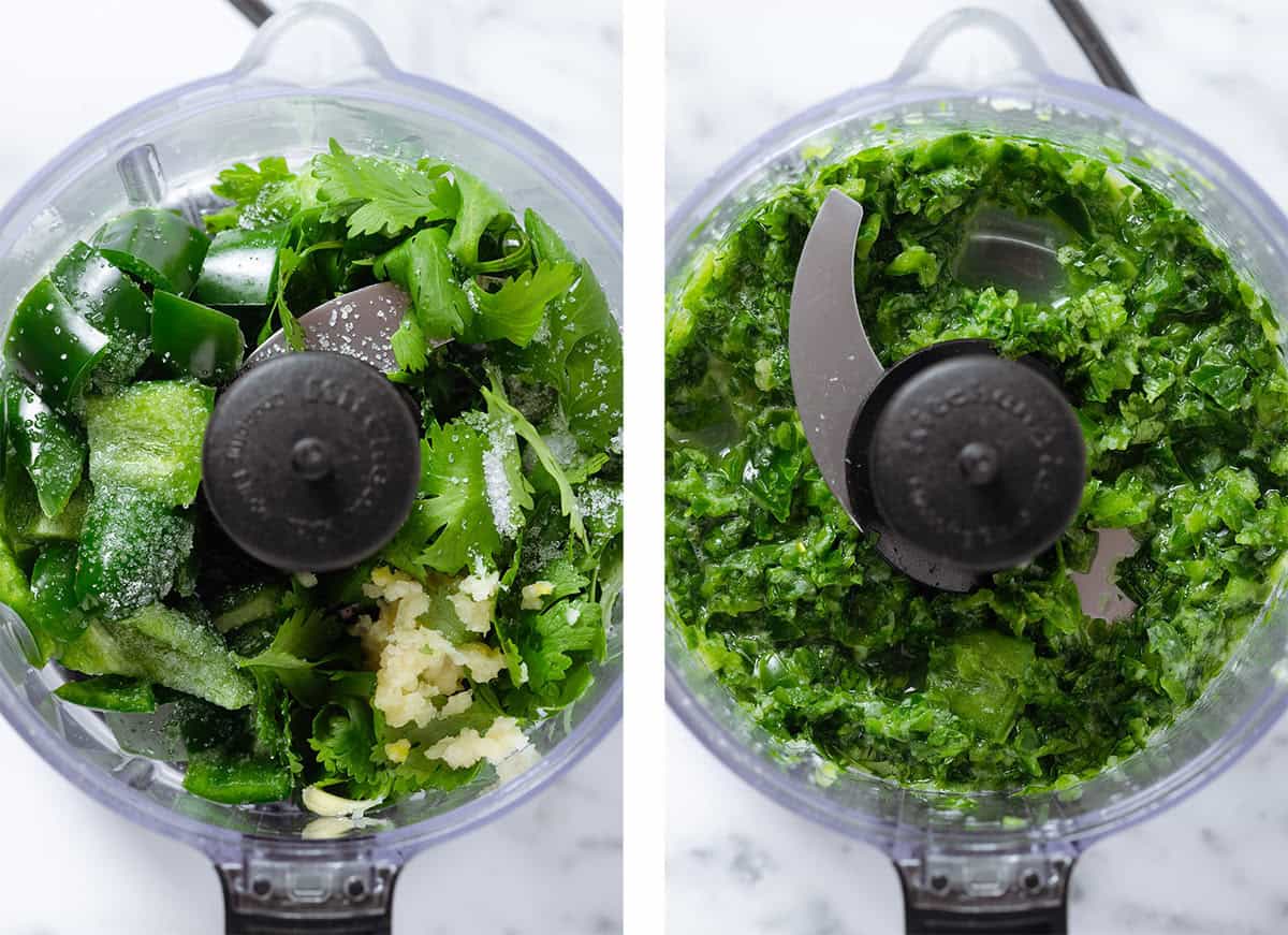 A small food processor with fresh cilantro, jalapenos, garlic, and salt before and after bleding.