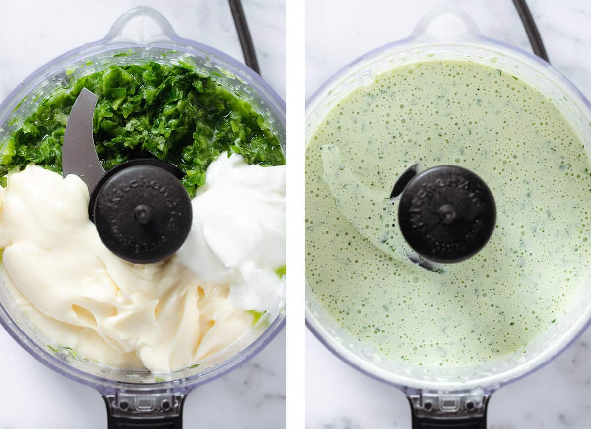 A small food processor with chopped jalapenos and cilantro and added mayo and yogurt which get all blended together on the right.