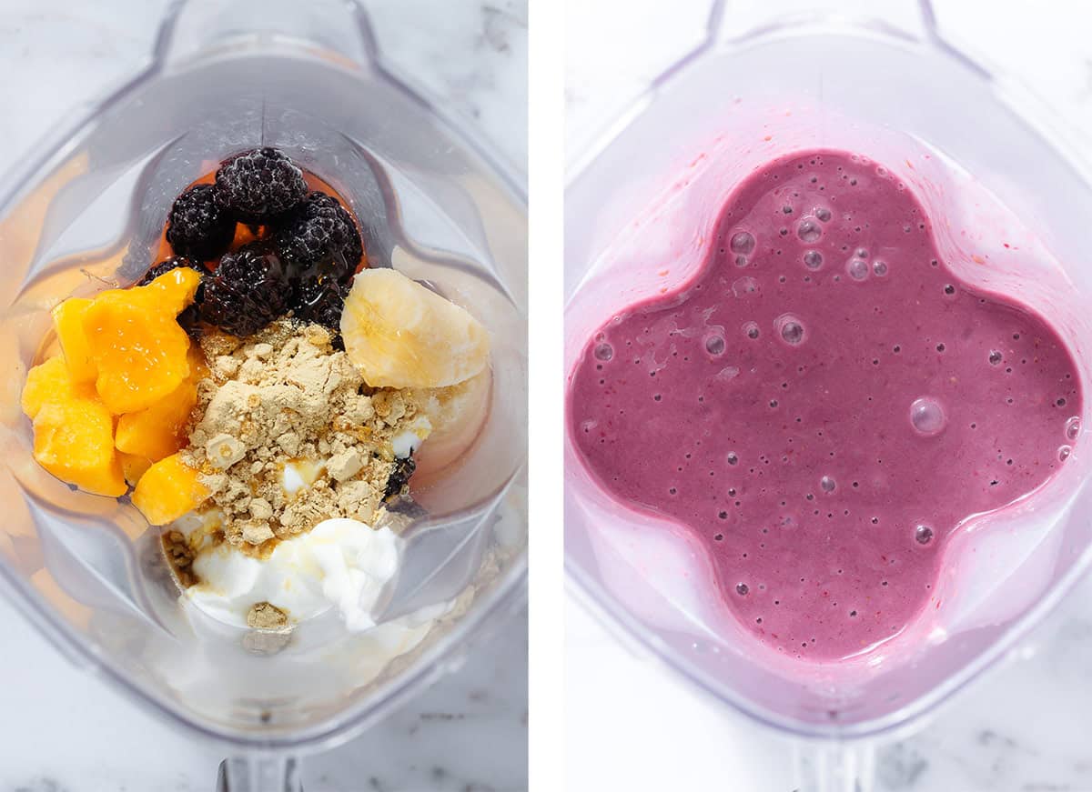 A high speed blender with mango, blackberries, banana, protein powder, and other ingredients before and after blending.