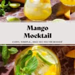 Bright yellow mango drink in a short glass garnished with fresh mint, a lime slice, and diced mango.