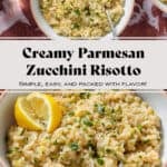 Creamy zucchini risotto garnished with fresh parsley and lemon wedges in a low bowl with a beige rim and with a fork.
