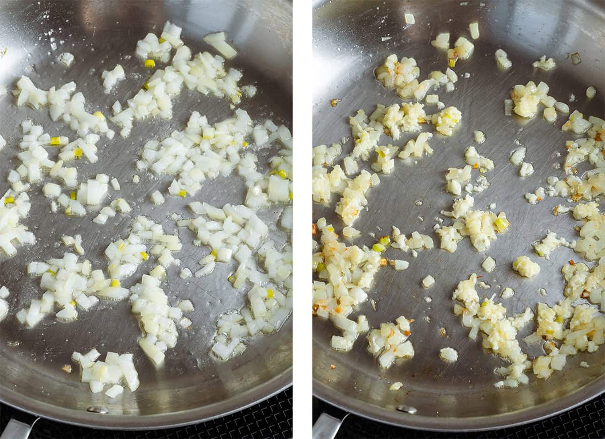 Finely chopped yellow onion cooking in a large pan on the left with garlic added on the right.