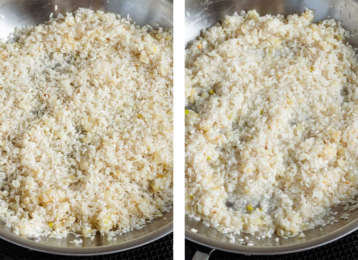 Arborio rice toasting in a large pan with onion on the left and cooking with a touch of white wine on the right.