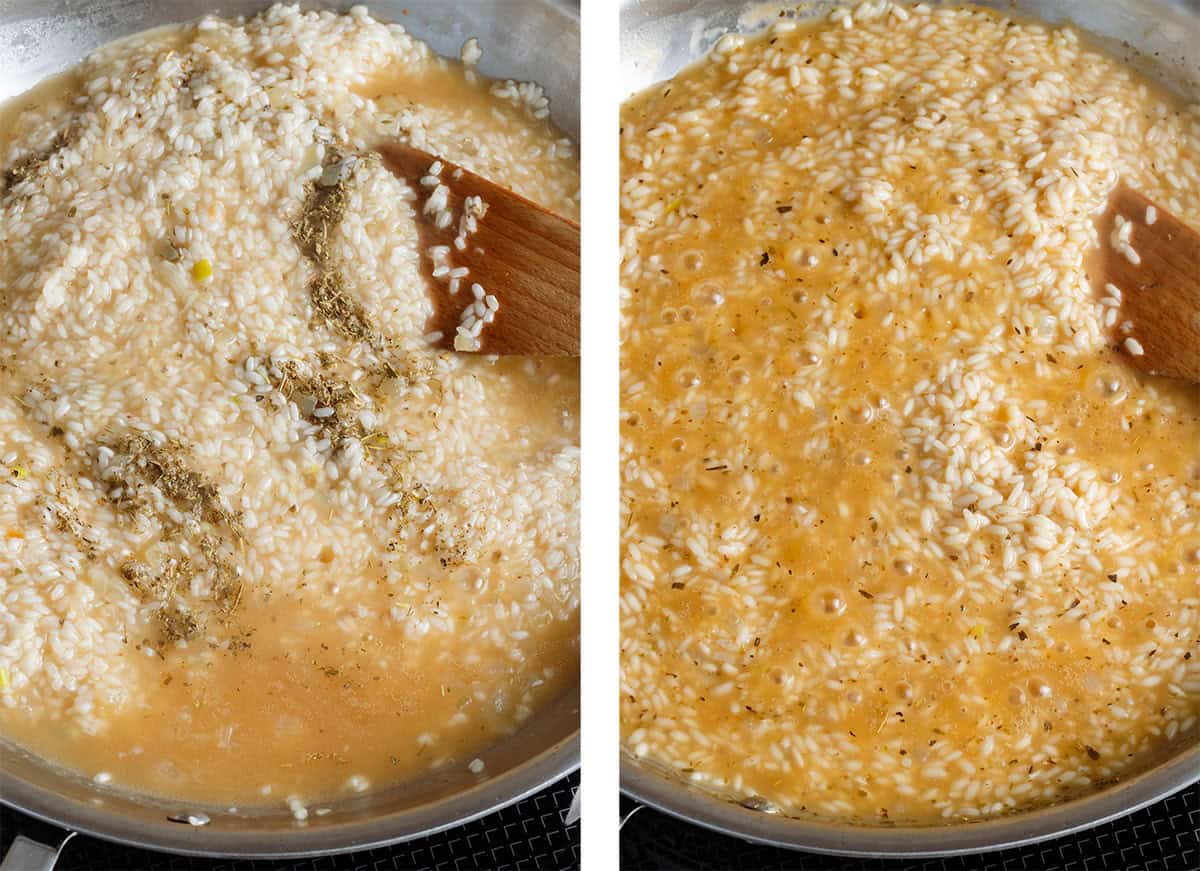 Vegetable broth and dried herbs being stirred into arborio rice and onion in a large pan, adding more as the rice simmers.