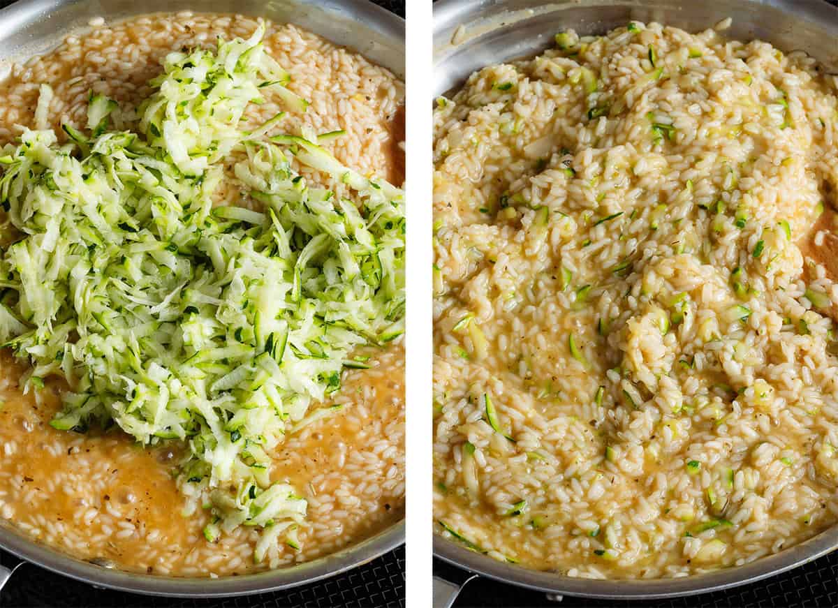 Grated zucchini mixed into risotto cooking in a large pan on the stove.