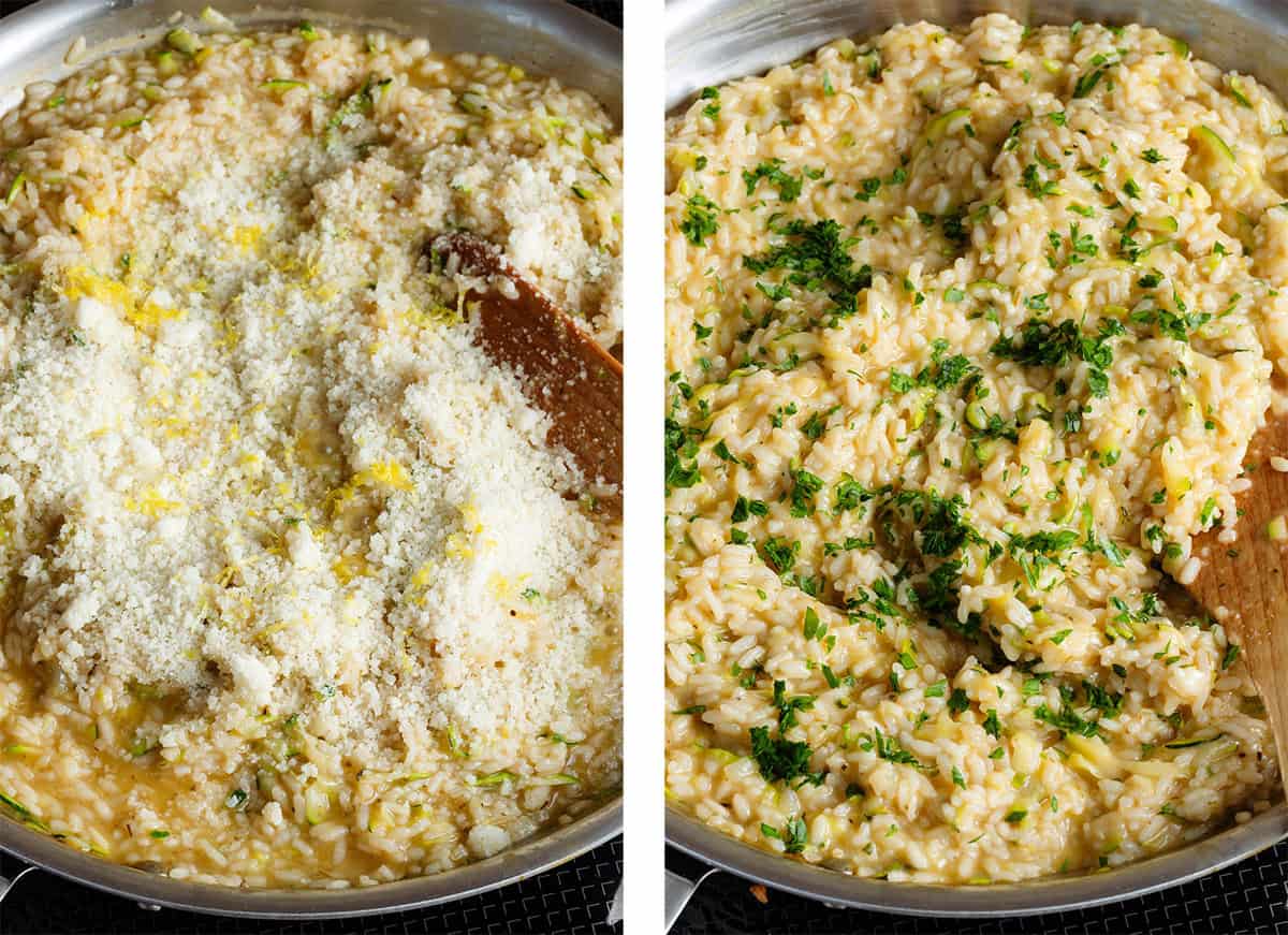 Grated parmesan, lemon zest, and fresh parsley stirred into zucchini risotto in a large pan.