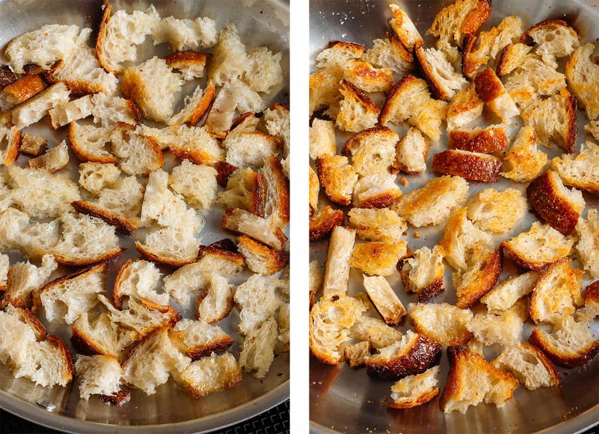 Sourdough croutons toasting in a large stainless steel pan with butter and oil.