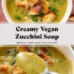 Creamy zucchini soup topped with sourdough croutons and chopped fresh parsley in a white bowl with a spoon picking up the soup.