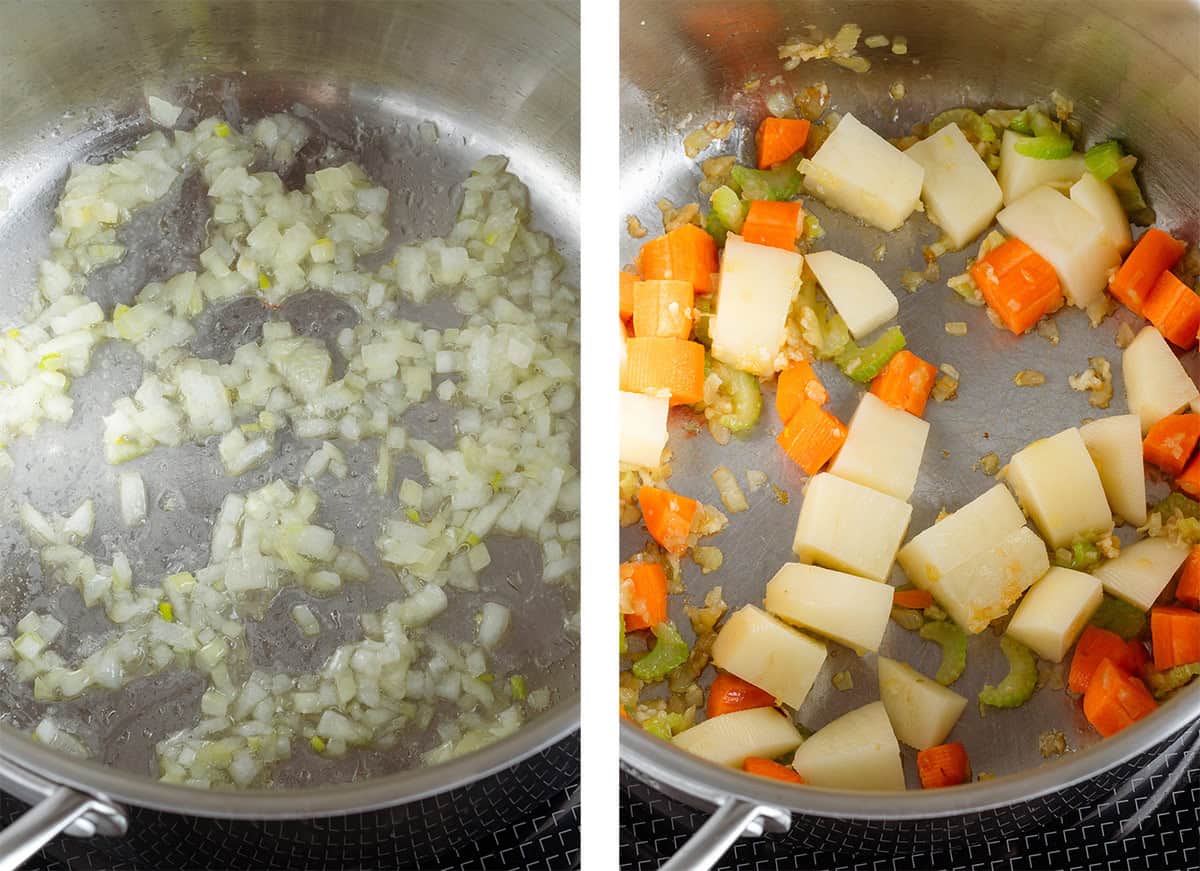 Finely diced yellow onion cooking on the left and chopped potatoes, carrots, and celery added on the right.