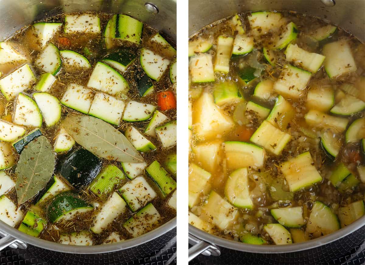 A large soup pot with chopped zucchini, carrots, bay leaf, and lots of dried herbs before and after cooking.