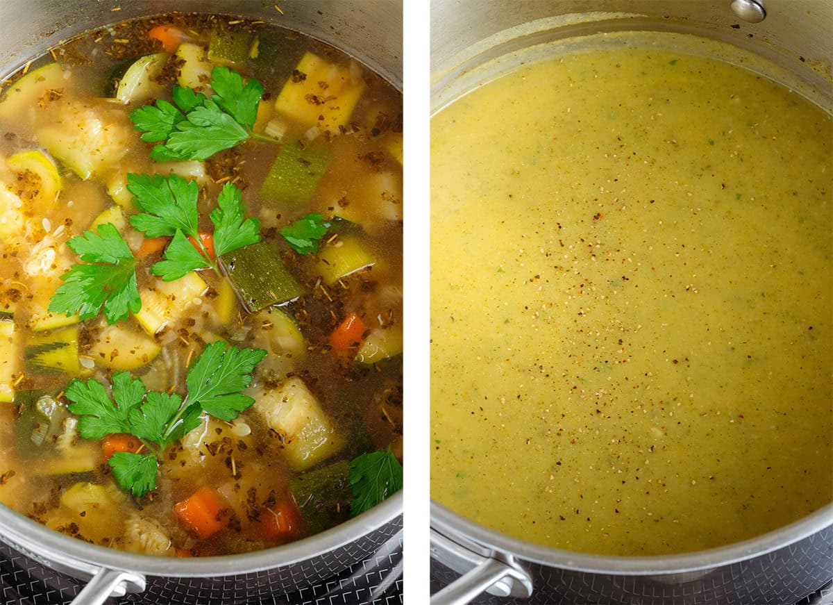 Zucchini soup with fresh parsley before and after blending in a large soup pot.