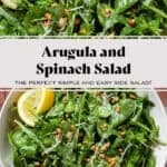 A large bowl with arugula spinach salad sprinkled with grated parmesan and toasted pine nuts with two lemon wedges.