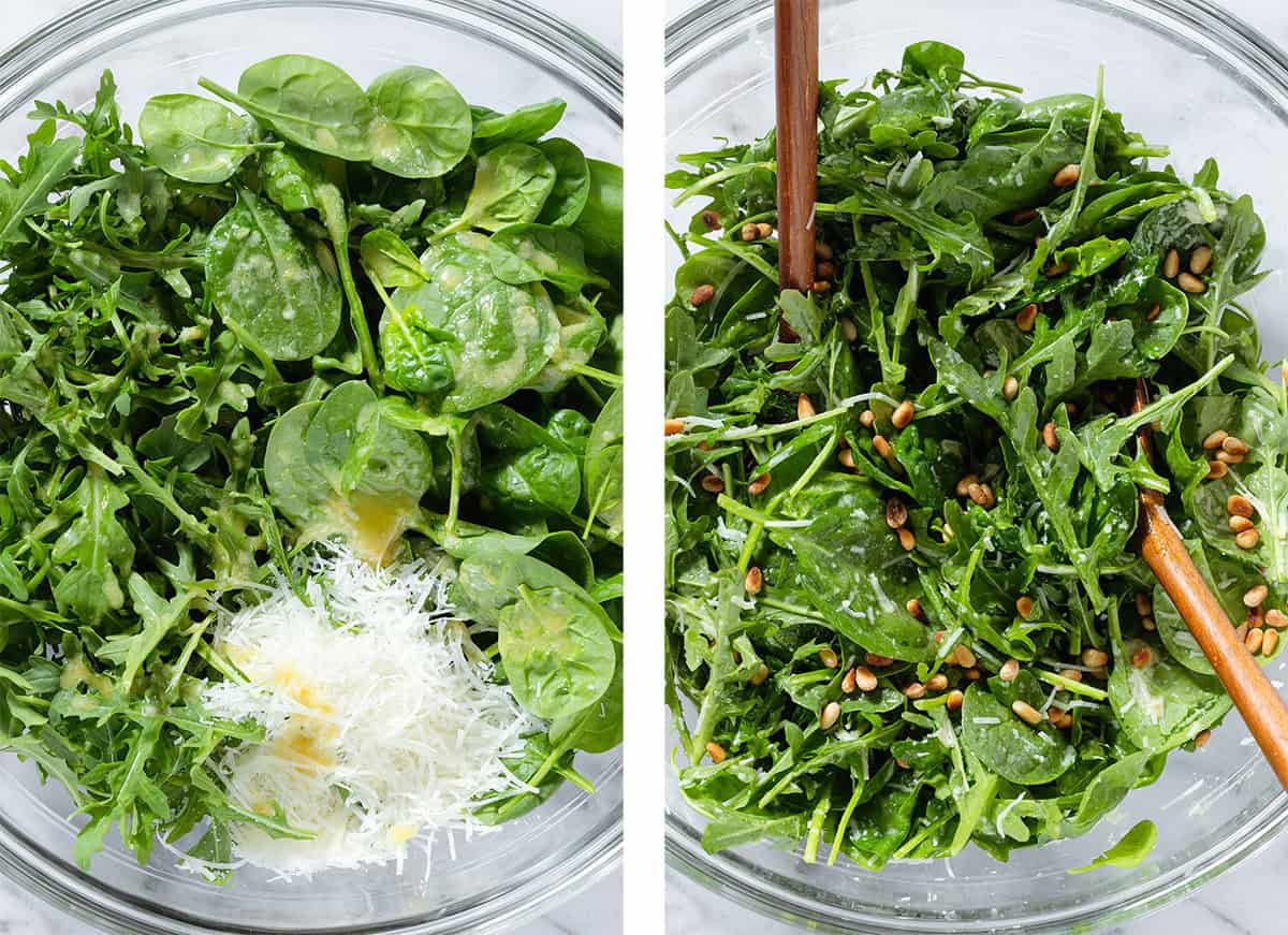 Baby spinach, arugula, grated parmesan and vinaigrette in a large glass bowl before and after tossing together with pine nuts on the right.