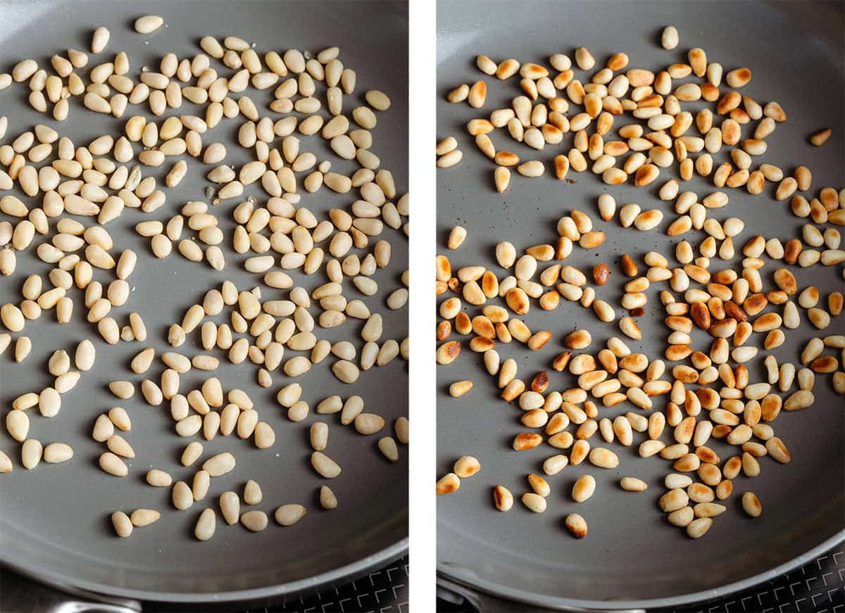 Pine nuts toasting in a non-stick pan.