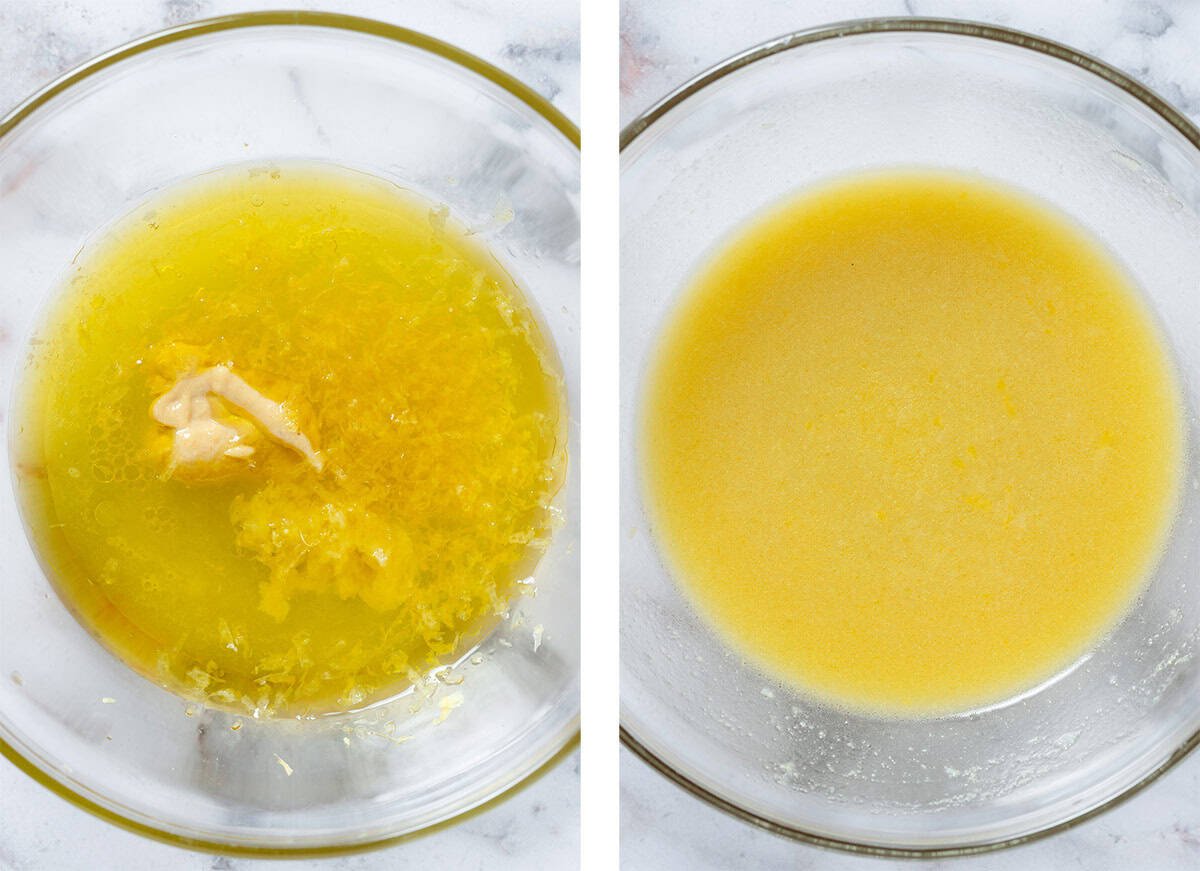 Olive oil, lemon juice, lemon zest, and dijon mustard in a small glass bowl before and after whisking.