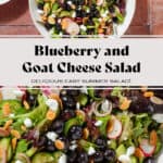 A bowl on blueberry salad with mixed greens, radishes, toasted almonds, and shallots.