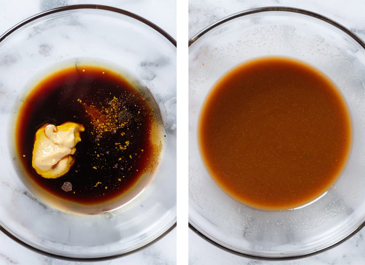 Balsamic vinegar, dijon mustard, olive oil, and spices in a small glass bowl before and after whisking.