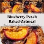 A baked oatmeal square with caramelized blueberries and peach slices in it on small white plate.