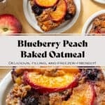 A baked oatmeal square with caramelized blueberries and peach slices in it on small white plate.