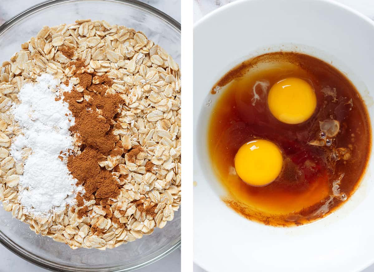 Oats cinnamon, and baking powder in a glass bowl and eggs, maple syrup, and vanilla extract in a white bowl on the right.