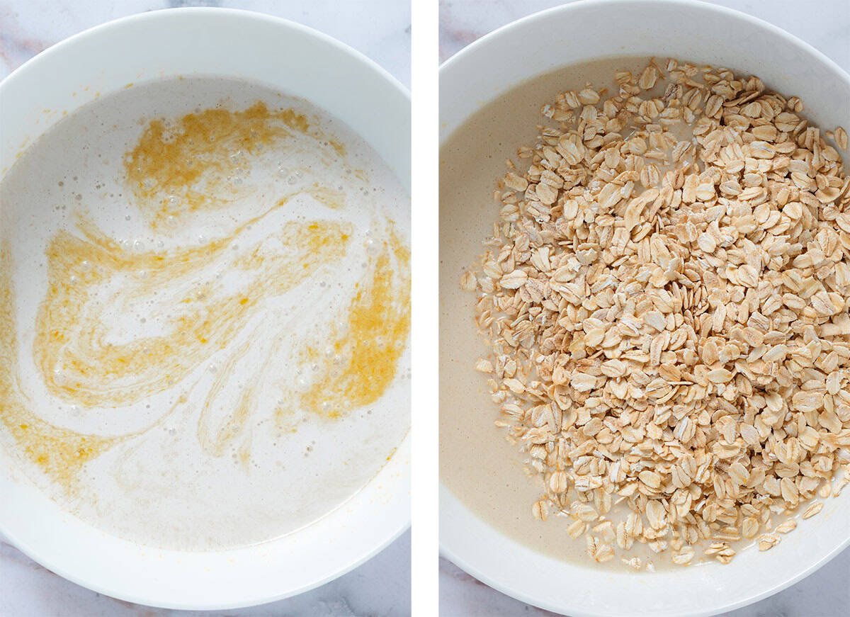 Milk, eggs, butter, and maple syrup whisked on the left and oats being added on the right.