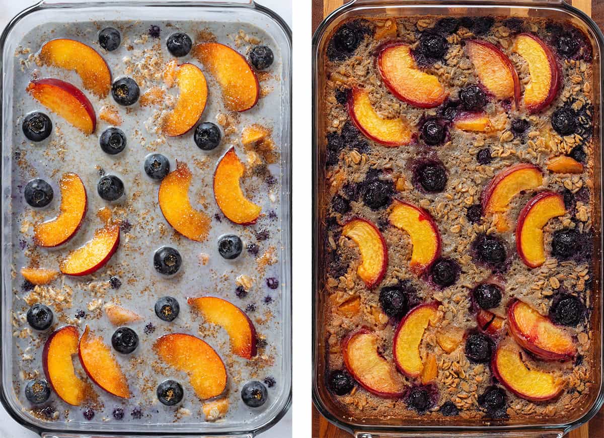 Blueberry peach baked oatmeal in a glass baking dish before and after baking.