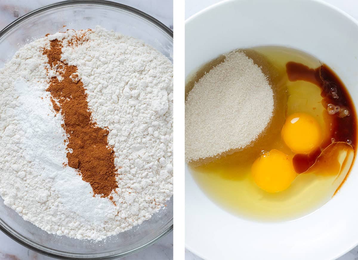 Flour with baking powder and cinnamon in a glass bowl on the left and a white bowl with eggs, sugar, and vanilla extract on the right.