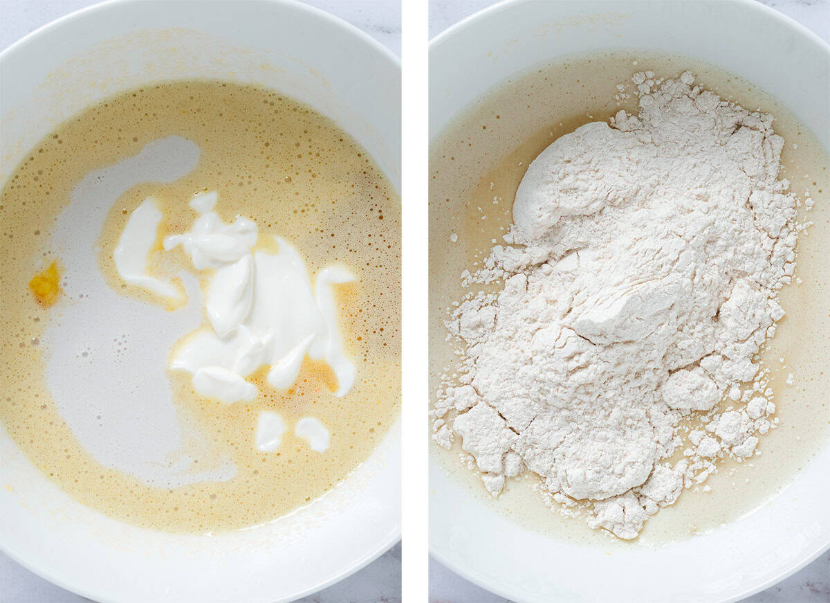 Whisked liquid ingredients on the left and with added dry ingredients in a large white bowl.