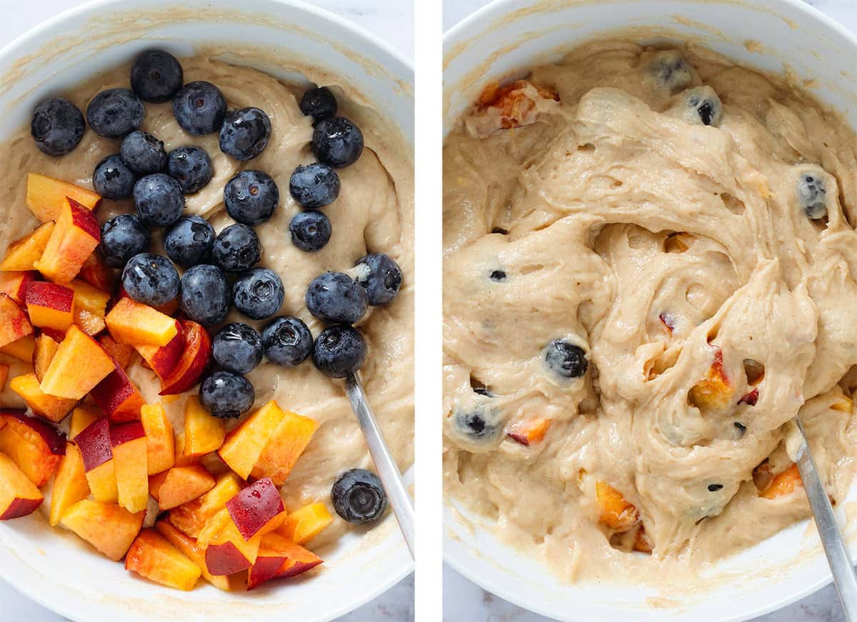 Muffin batter with added fresh blueberries and diced peaches before and after folding in.