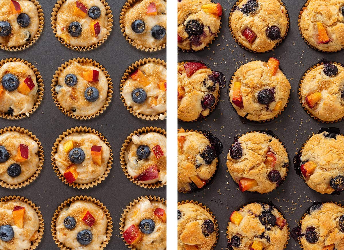 Blueberry and peach muffins in a muffin pan with muffin cups before and after baking.