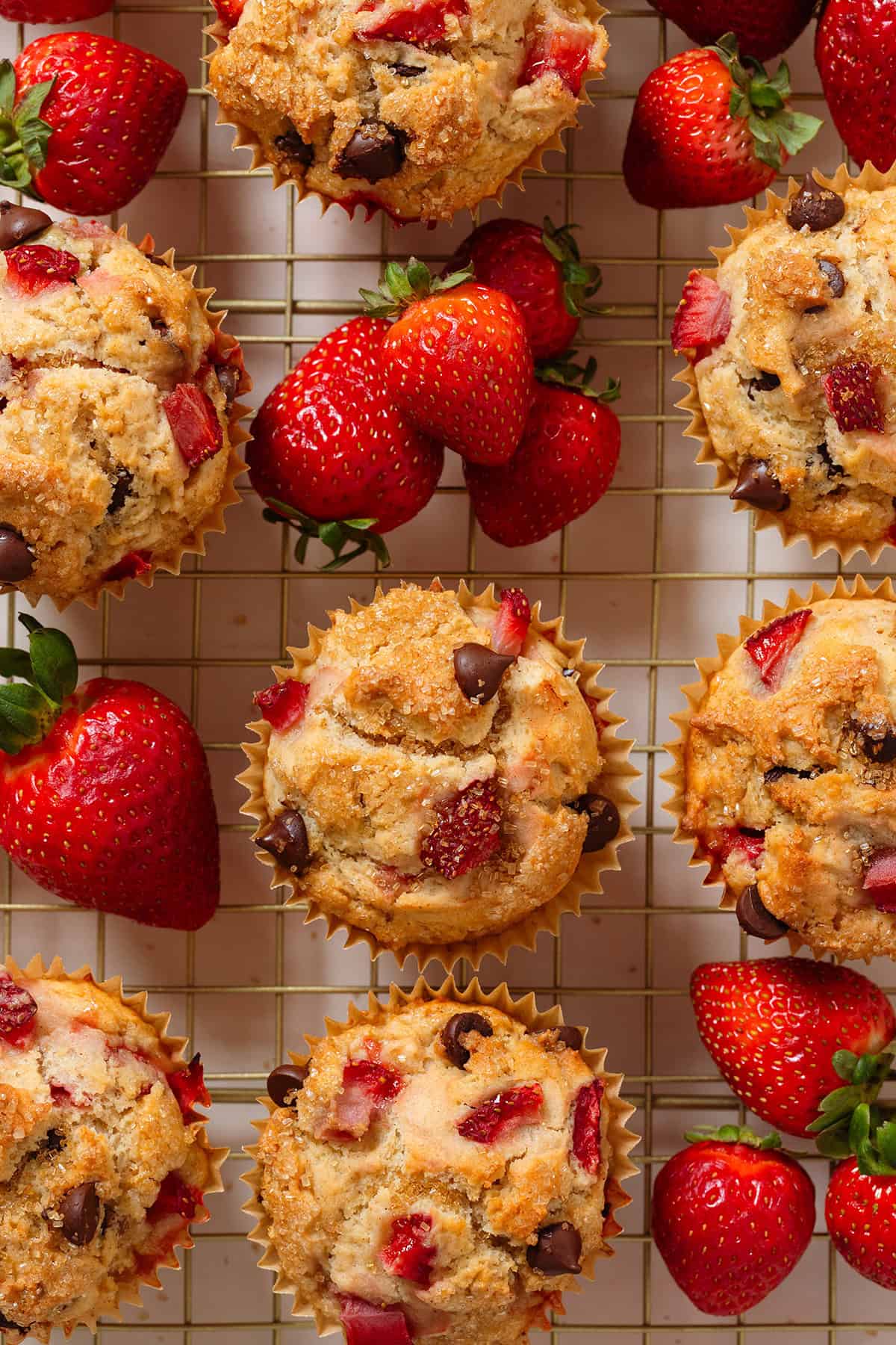 Strawberry chocolate muffins on a golden wire cooling rack with fresh strawberries around them.