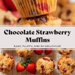 Two muffins with strawberries and chocolate chips stacked on a light pink background on top and on a cooking rack on the bottom.
