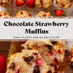 Strawberry chocolate muffins on a golden cooling rack on top and one sliced in half to show the inside on the bottom.