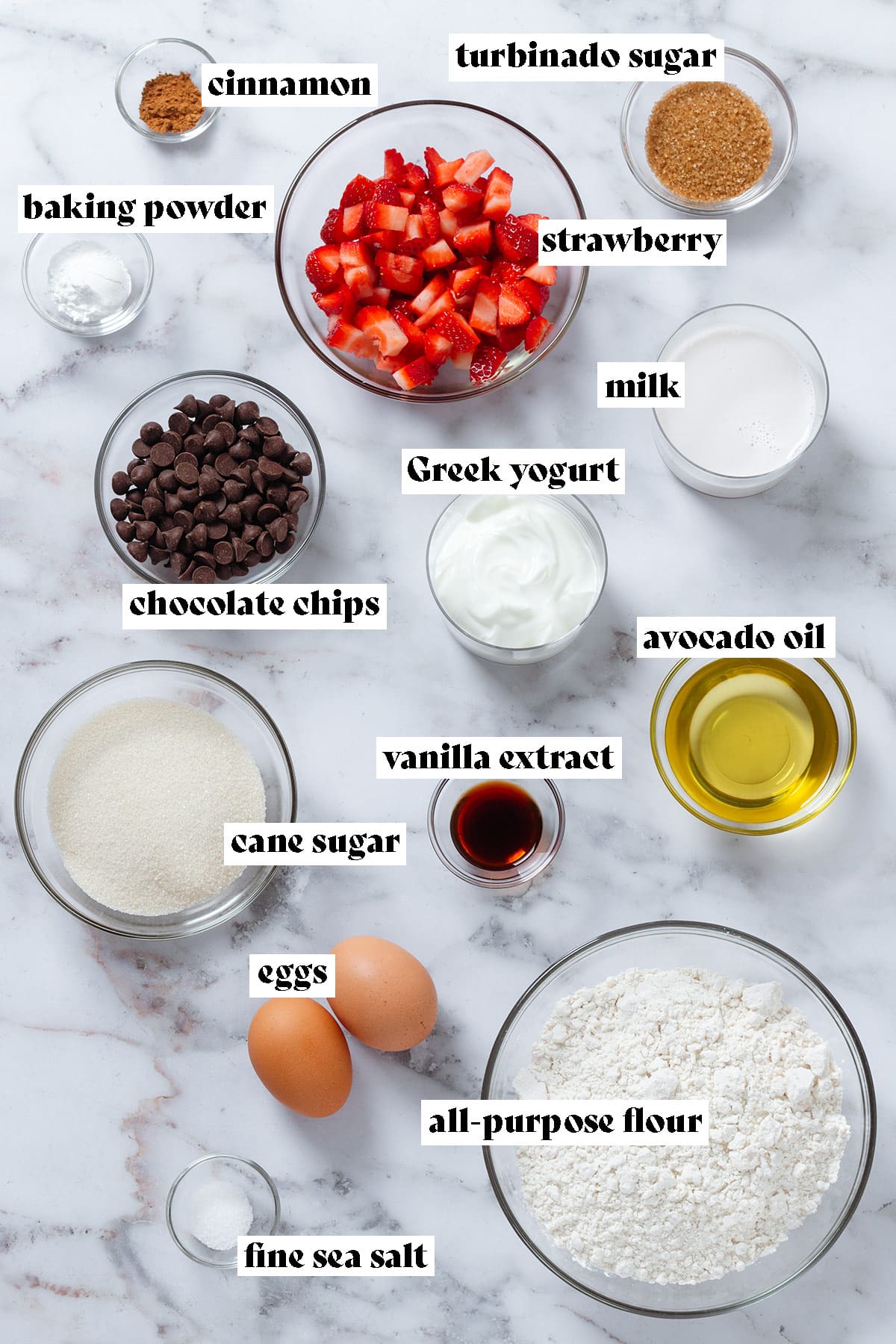 Ingredients like strawberries, chocolate chips, flour, eggs, milk, and yogurt laid out in small bowls with text overlay.